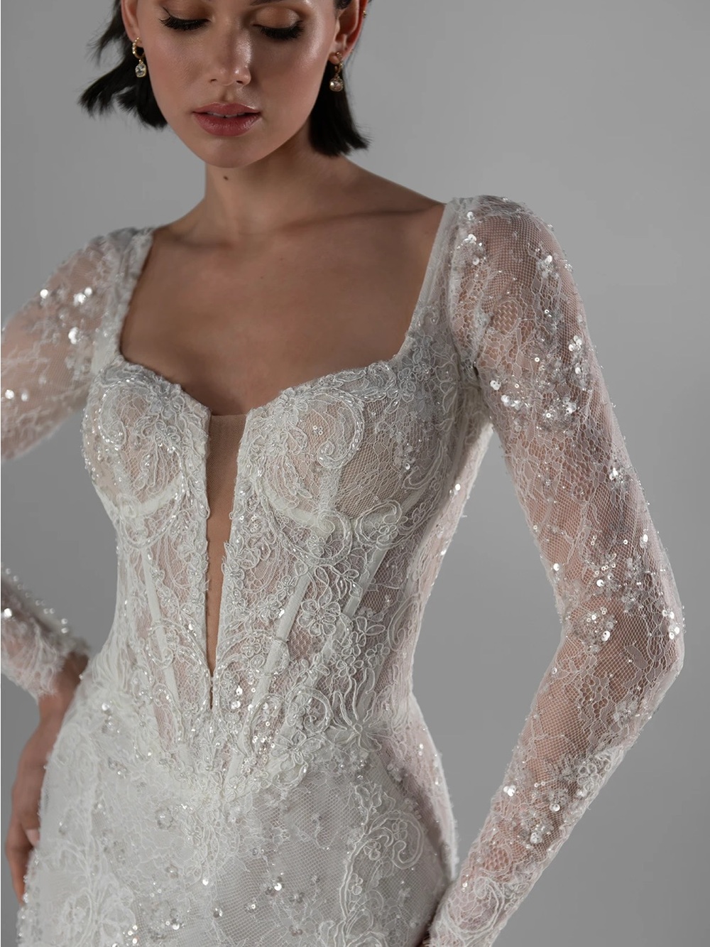 Martina Liana LE1405 Lace Long-Sleeve Bridal Gown with Plunge Illusion Neckline